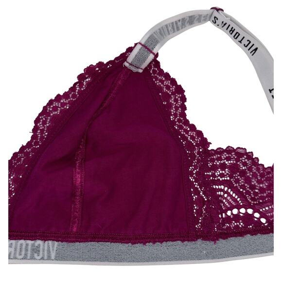 VICTORIA'S SECRET Lace Bralette Bra Large Magenta Adjustable Straps VS Branding - Picture 5 of 7